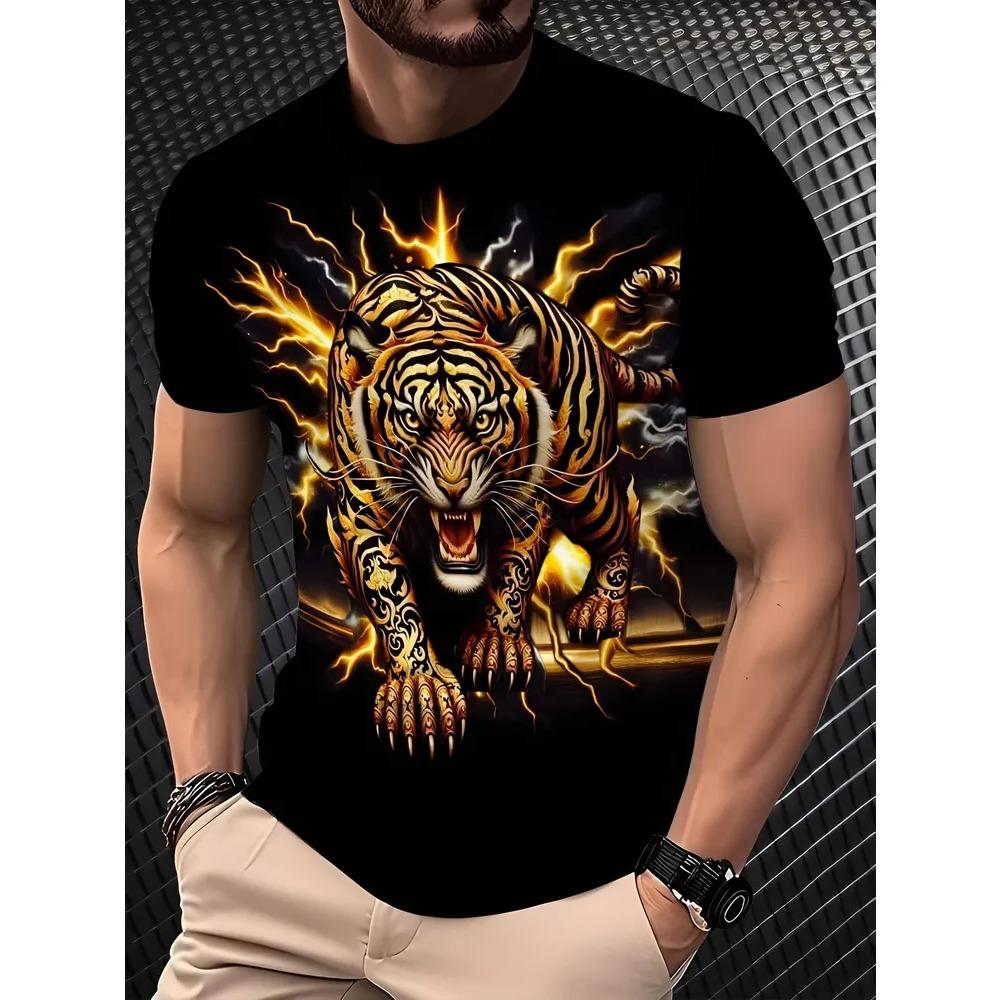 Summer Fashion Comfortable Loose Large T-shirt Animal 3D Printed Casual Breathable Sports Versatile Round Neck Short Sleeved Men's T-shirt