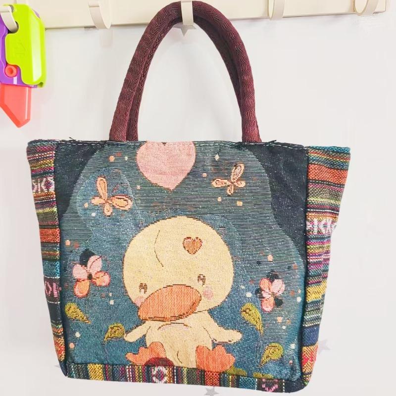 Canvas bag, women's large-capacity double-sided embroidered animal handbag, mommy bag, go shopping, handbag