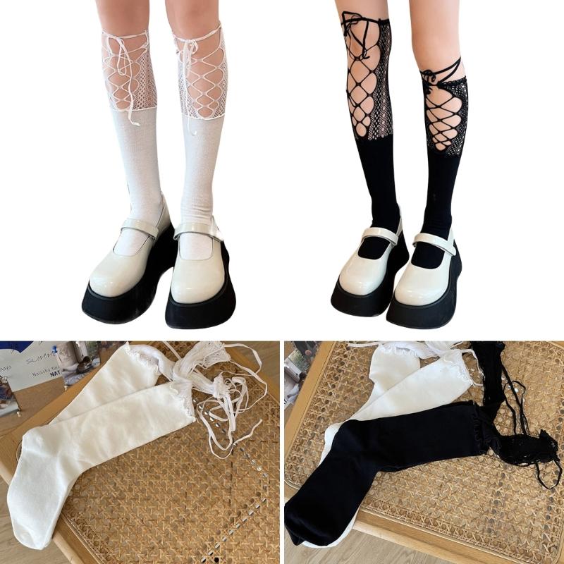 Womens Fashion Lace Mesh Knee Socks Sexy Patchwork Calf Socks Lace Socks for Ladies Decorations Long Fishnet Stockings