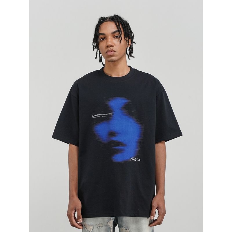 Black of Exit Dark Abstract Phantom Print Crew Neck Pure Cotton T-Shirt Short Sleeve National Trend Brand Half-Sleeve Tee for Men