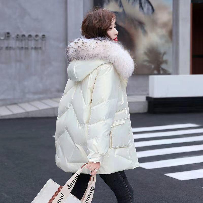 Damska kurtka płaszcz zimowy futrzany kołnierz z kapturem błyszczący płaszcz damski bawełniany ocieplany parka wodoodporna odzież wierzchnia