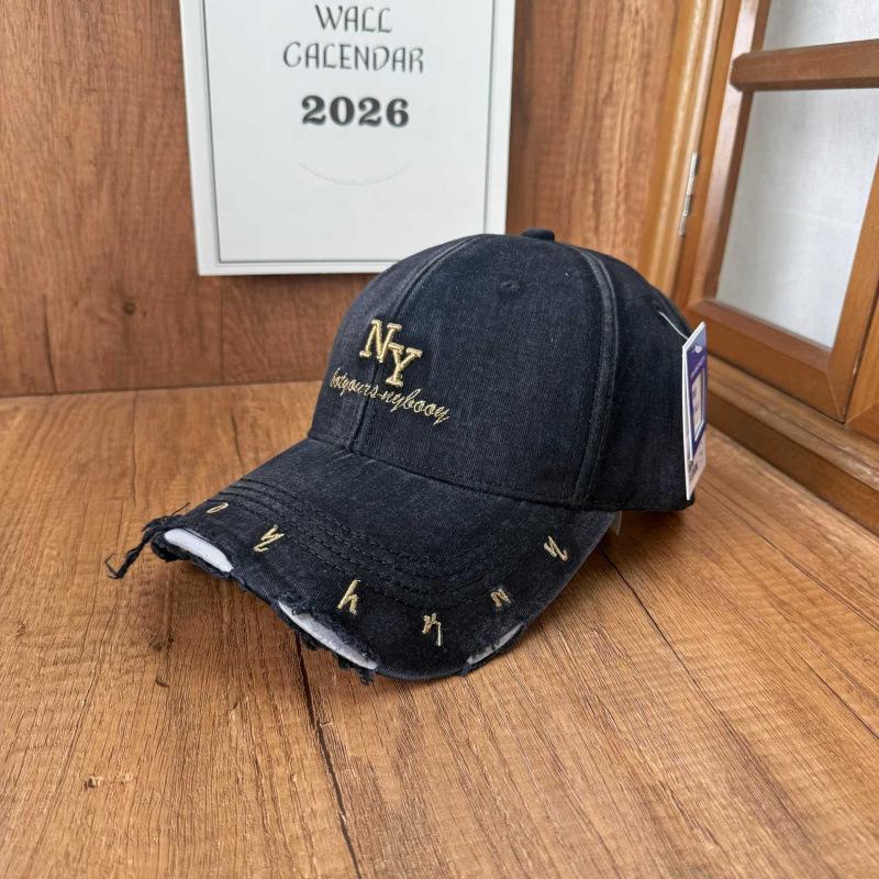 High cranial top plain baseball cap women washed old rough edge NY three-dimensional embroidery baseball cap versatile broken brim sun hat
