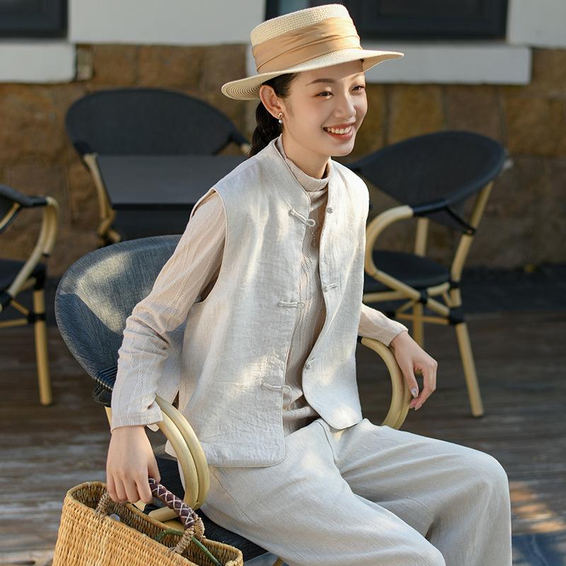 

Johnature Женские китайские пальто-стойки без рукавов на пуговицах, винтажные осенние свободные пальто XXL