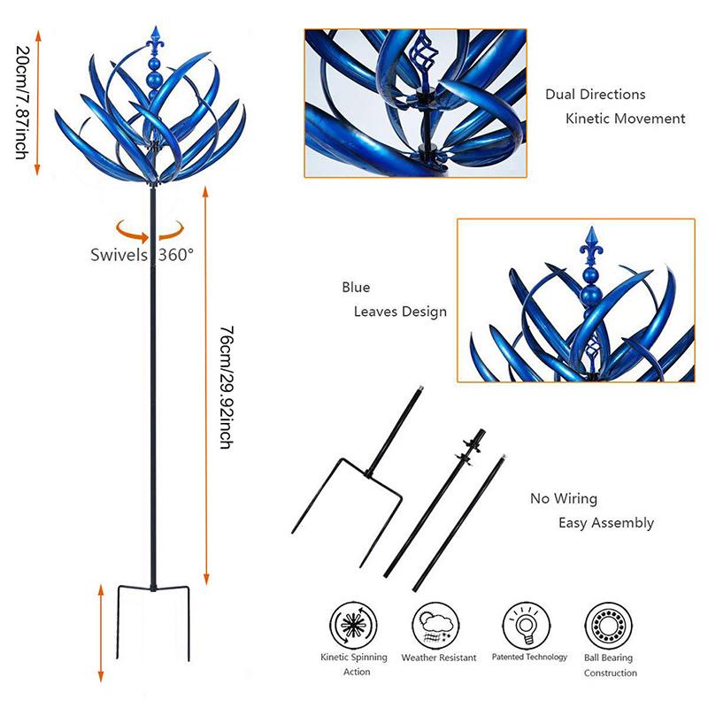 Girasole Cinetico a Forma di Fiore di Loto in Metallo Blu, Mulino a Vento Impermeabile Rotante a 360° per Decorazione di Giardino, Cortile, Prato, Ornamento Scultura Artistica da Esterno Resistente alla Ruggine