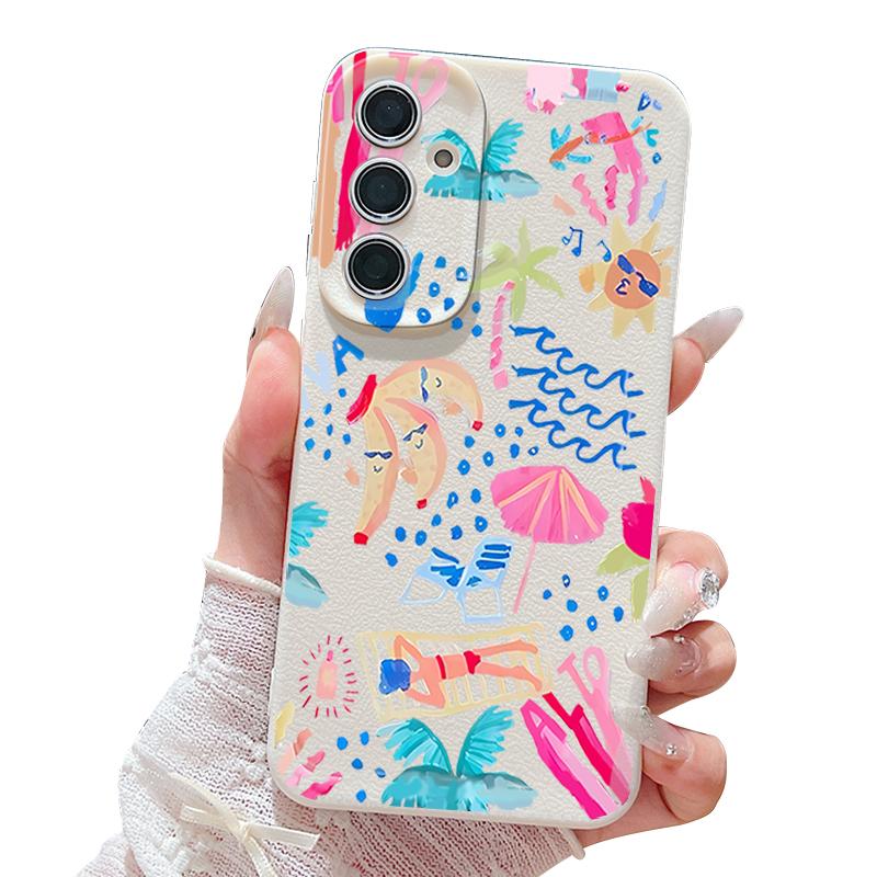 Cartoon Vacation Painting Case For Samsung Galaxy A57 A37 A17 A56 A36 A26 A16 A55 A35 A15 A54 A34 A14 5G Leather Texture Silicone Cover