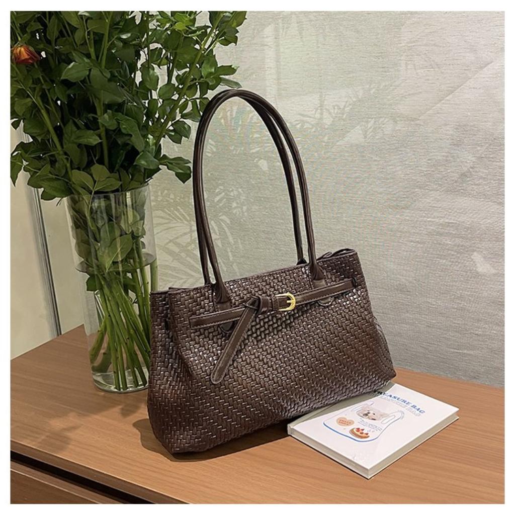 Xeie Thuk Tote Bag Women PU Woven Texture Handheld Shoulder Daily Commute