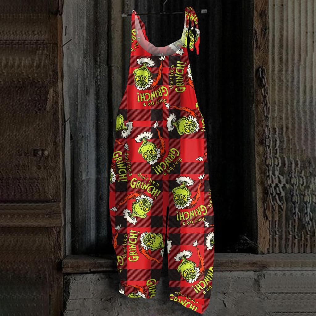 Damski kombinezon z nadrukiem Halloweenowym, casualowy, luźny, vintage, na ramiączkach, bawełniano-lniany