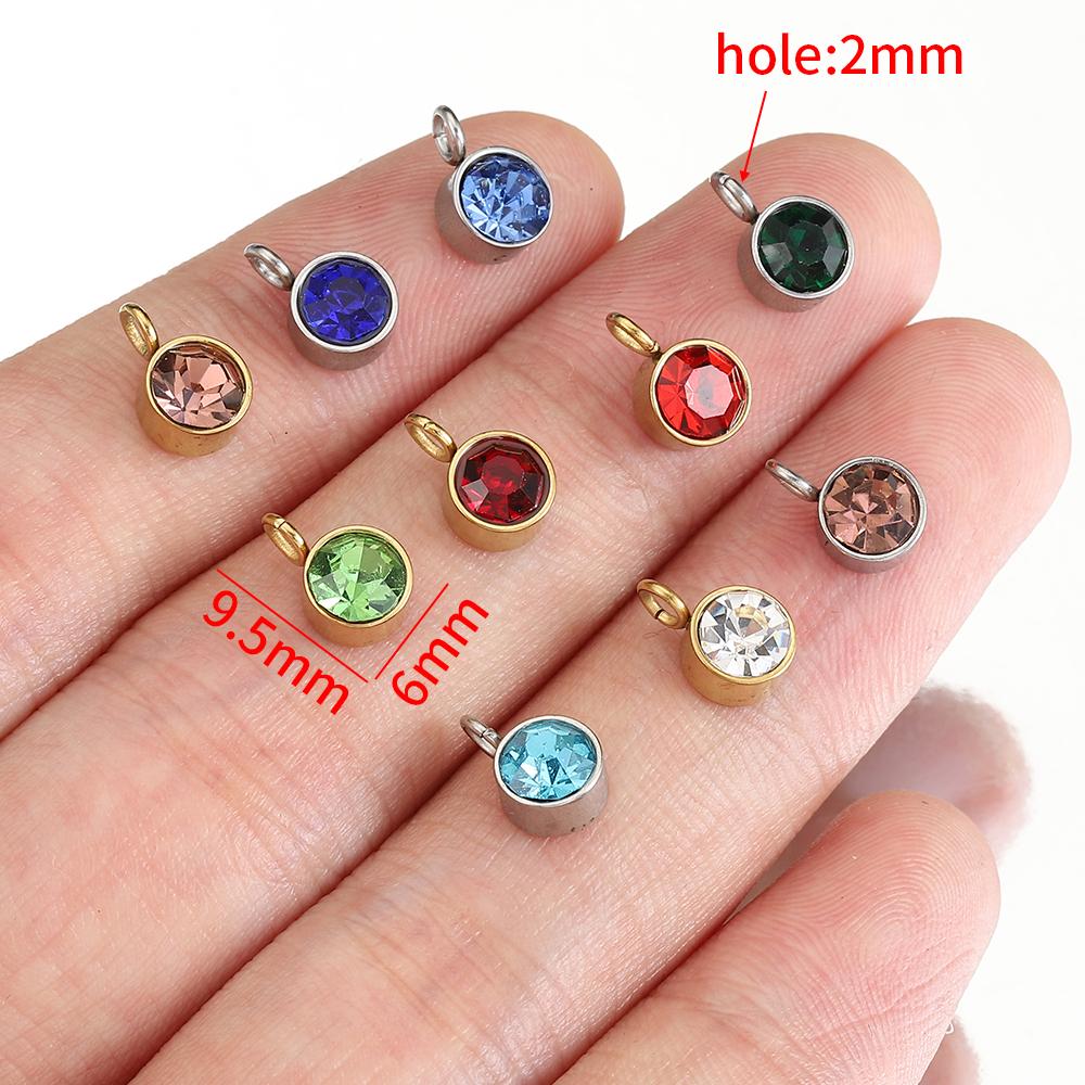 10pcs Stainless Steel Birthstones 6mm Zircon Charms Pendants Rhinestone Crystal Beads for Necklace Bracelet Jewelry Making DIY