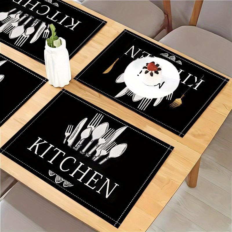 [4pcs Knife & Fork Placemats] 4pcs Linen Placemats | Black Knife & Fork Pattern | Kitchen Fabric Table Mats | Hotel Holiday Party Room Decoration