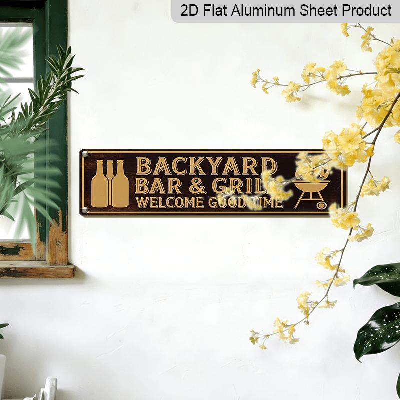 2D Flat, 1pc Rustic Farmhouse Aluminium Decorative Sign "Backyard Bar & Grill Welcome Good Time" with Beer Bottles & Grill Art - Season Holiday