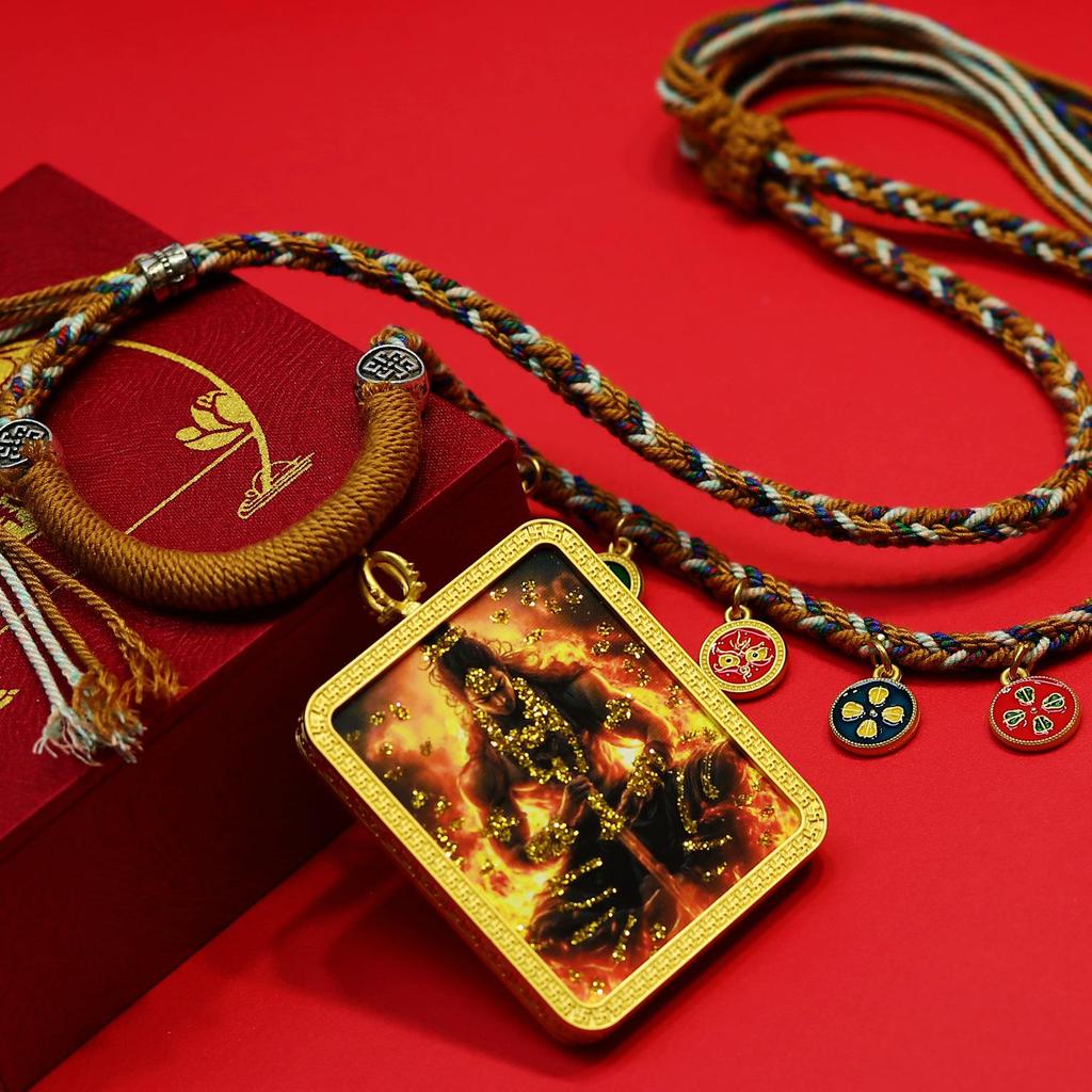 Hand-Painted Gold Thangka Zodiac Amulet Necklace with Guardian Deities Pendant