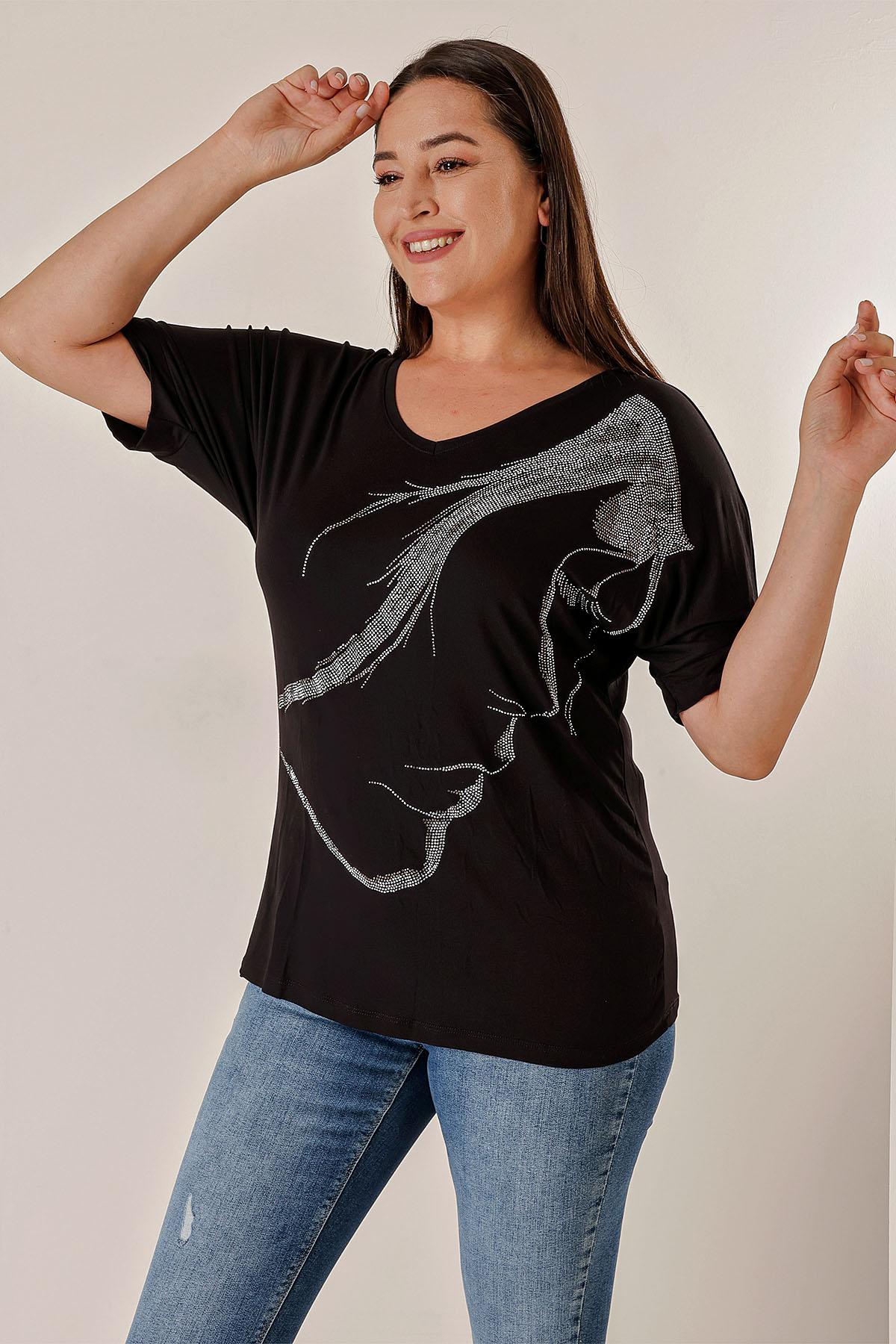 

Круглая блузка из вискозы с V-образным вырезом и рукавами «летучая мышь» с камнями больших размеров XL чёрный