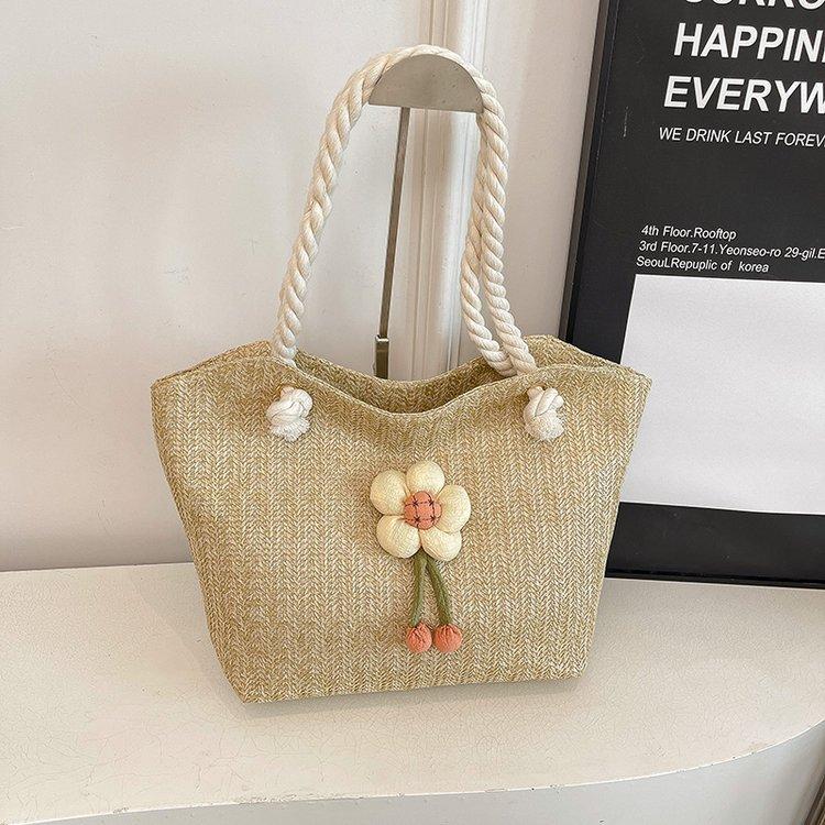 Summer Women Straw Woven Shoulder Bag Straw Bag Flower Embroidery Beach Handbags Casual Ladies Large Capacity Totes Pouch