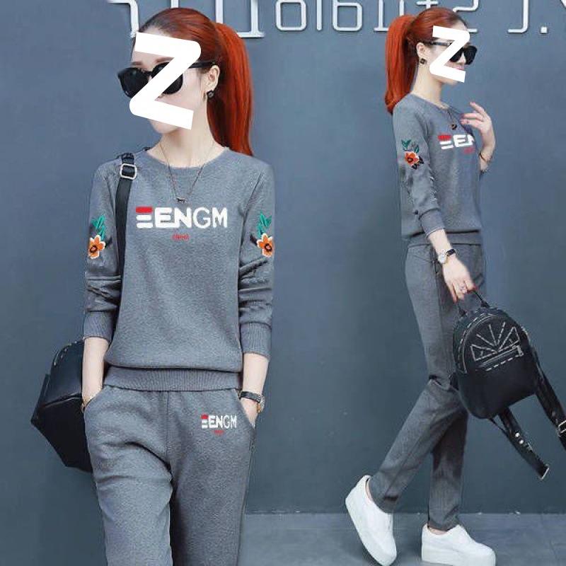 Sports Suit Women's Spring and Autumn Printed Loose Korean Casual Wear Long-sleeved Trousers Thin Two-piece Set