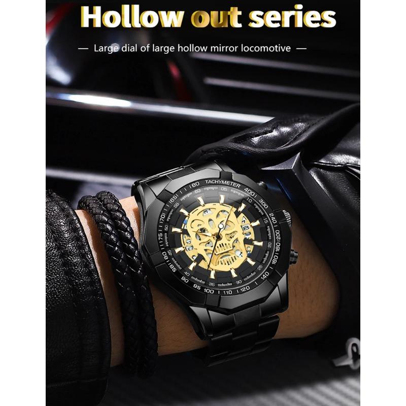 Brand Men Watch Trendy High Quality Stainless Steel Luminous Skull Hollow Waterproof Male Fashion Quartz Clock Wristwatch Gift