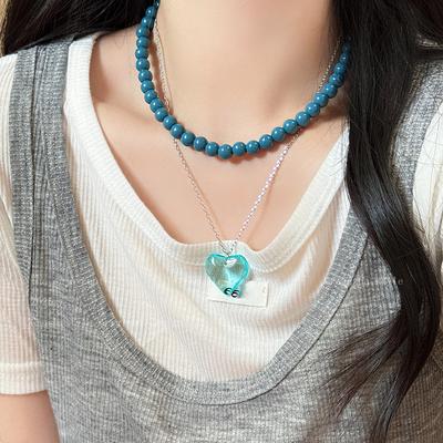 Double-layer Creative Resin Love Pendant Necklace Simple Fashion Versatile Collarbone Chain Temperament High-end Jewelry
