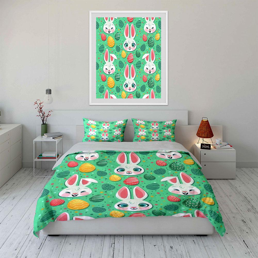 Easter Bunny and Egg Pattern Exquisite Three-piece Bedding Set Gift for Kids and Adults