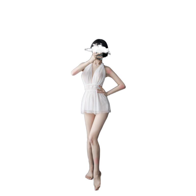 European-American Deep V Backless Mesh Halter Nightdress