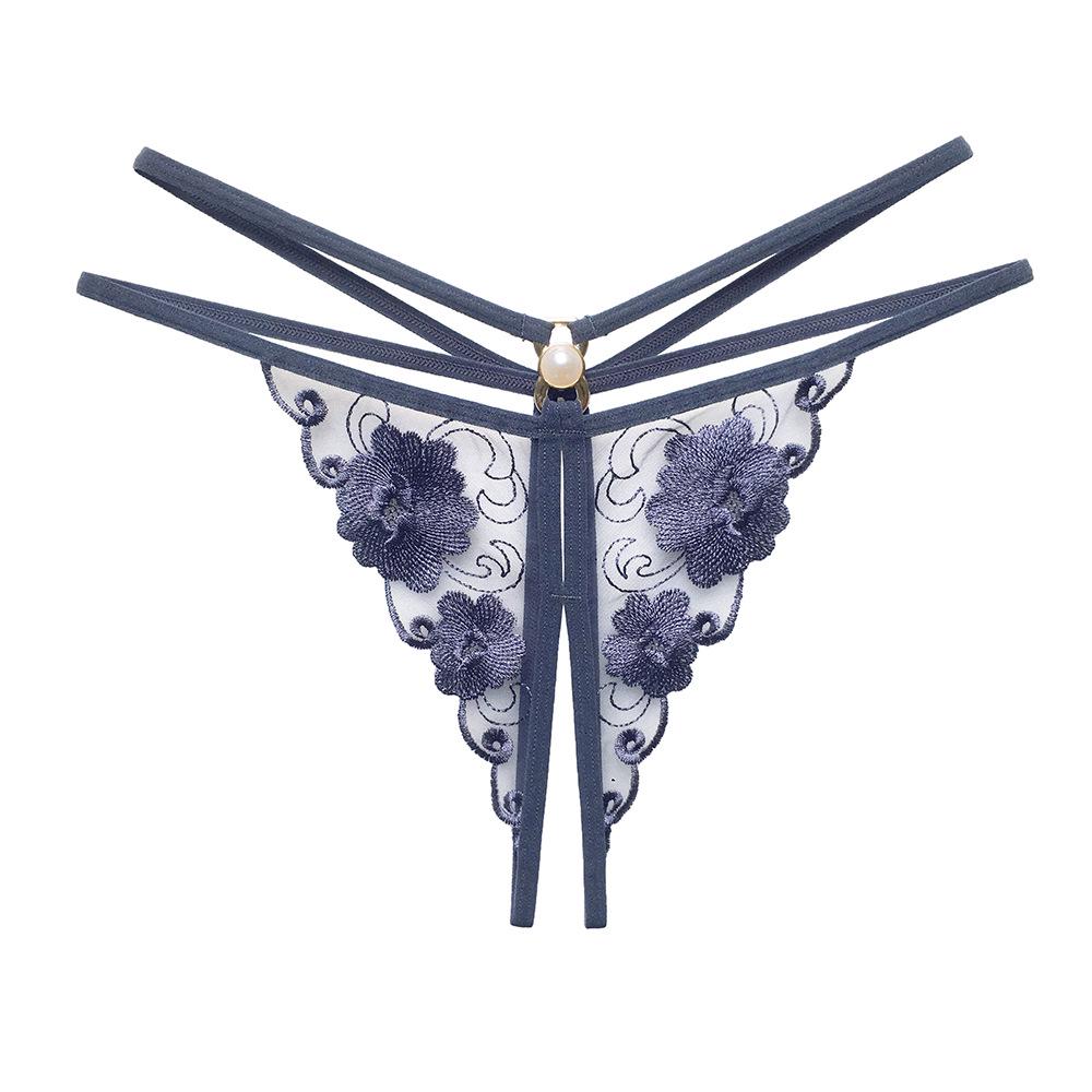 Women's Sexy Lace-Up Mesh Embroidered Thong with Pearl Detail and Open Crotch