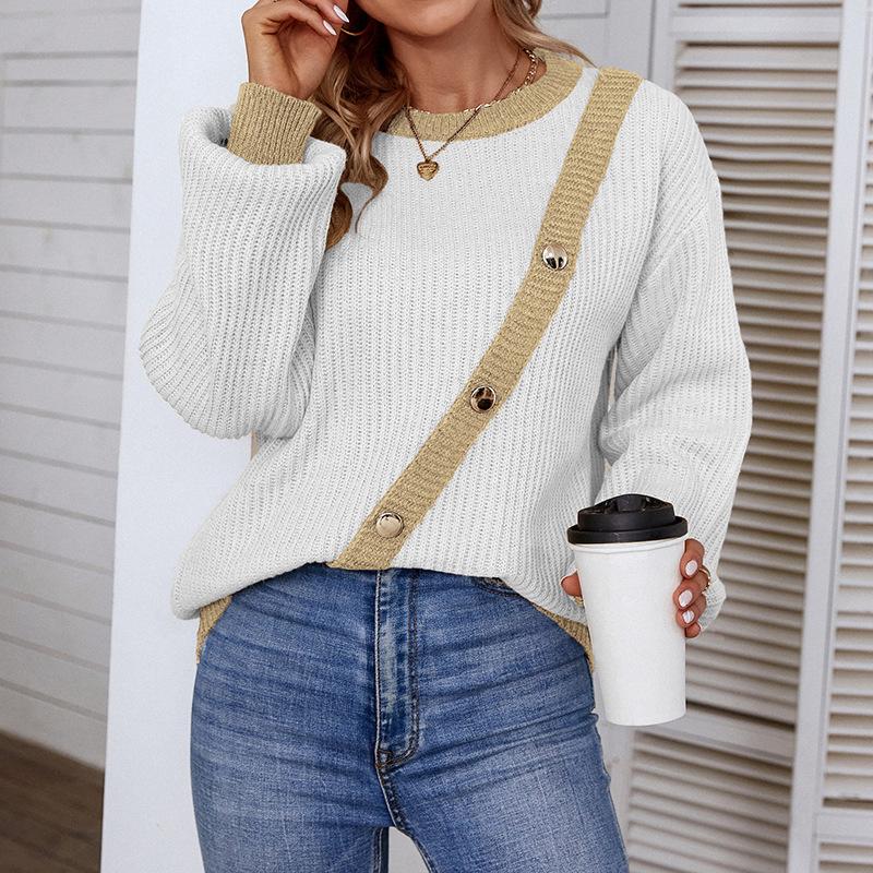 Neuer Herbst- und Winter-Pullover mit Kontrastknöpfen und Rundhalsausschnitt Europäischer und Amerikanischer Laternenärmel-Pullover für Damen