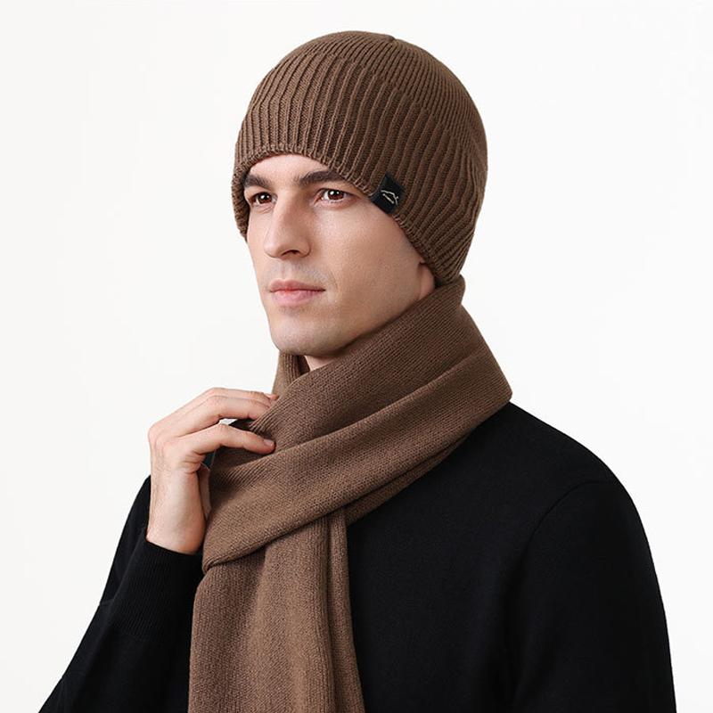 Autumn Winter Warm Suit Outdoor Velvet Thick Windproof Ear Protection Knitted Hat Scarf Two-Piece Set