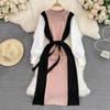 Vintage Frühling Herbst Frauen Lange Kleid Oansatz Volle Hülse Spitze-Up Patchwork Weibliche Pullover Kleid Dünne Gestrickte Vestidos 2021