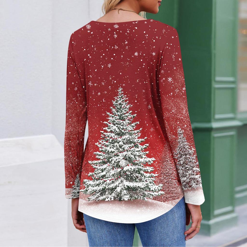 Women's Fashion Casual Christmas Tree Print V-Neck Decorative Button Long Sleeve T-Shirt Top