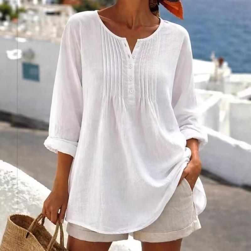 Women Loose Fit Long Sleeve V Neck Plus Size Casual Shirt