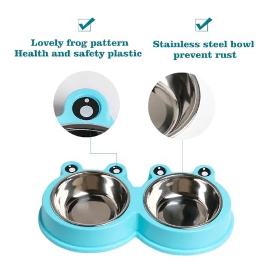 Cartoon Frog Shaped Stainless Steel Pet Double Bowl Anti Spill Dual-Use Bowl Cat And Dog Universal Feeder