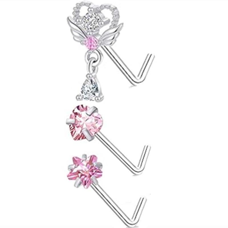 3PC Stainless Steel Flower Nose Piercing Stud Set L Shape Pink Nose Ring Studs Pack Indian Nose Jewelry Bulk Piercing Nariz Lote