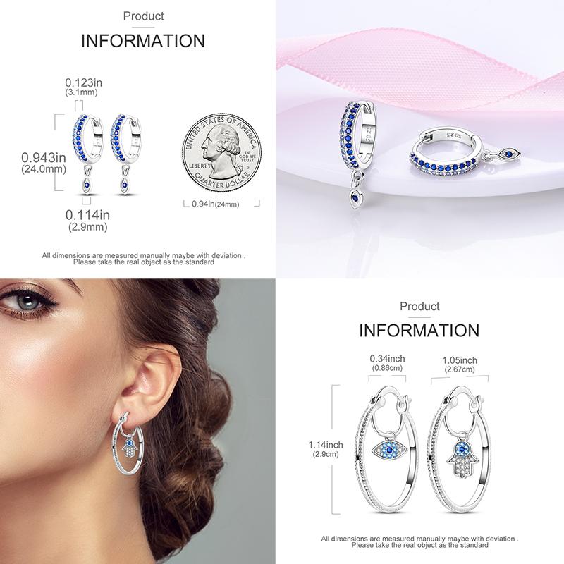 Original 925 Sterling Silver Hand of Fatima Blue Eye of Evil Hoop Earrings Cross Eardrop Earrings For Women Gift