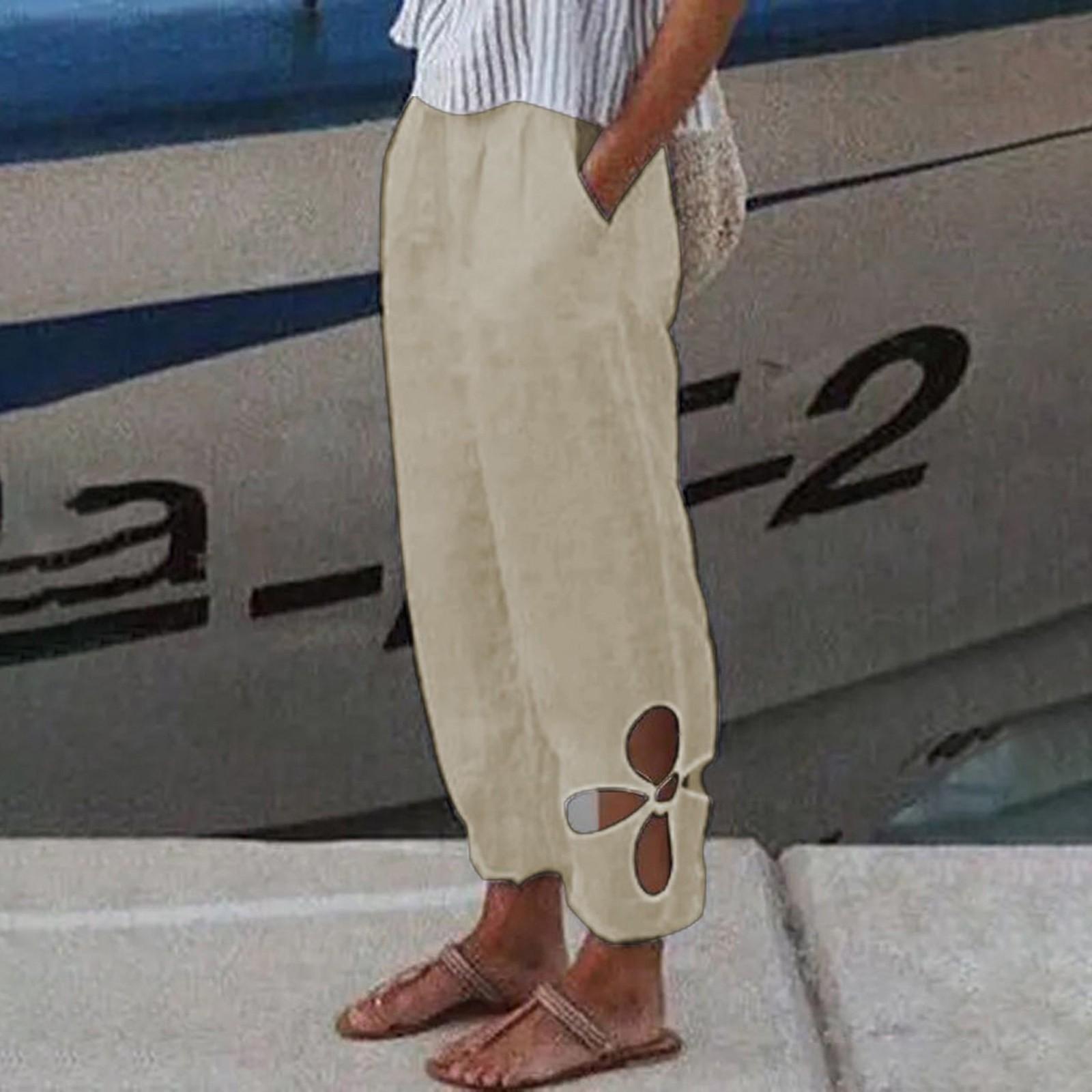 

Женские модные повседневные повседневные хлопковые льняные однотонные полые брюки с карманами L хаки