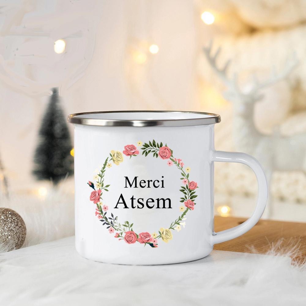 Merci Atsem In France Enamel Mugs Teacher's Day Drink Juice Coffee Dessert Cocoa Milk Handle Mug Festive Birthday Gifts
