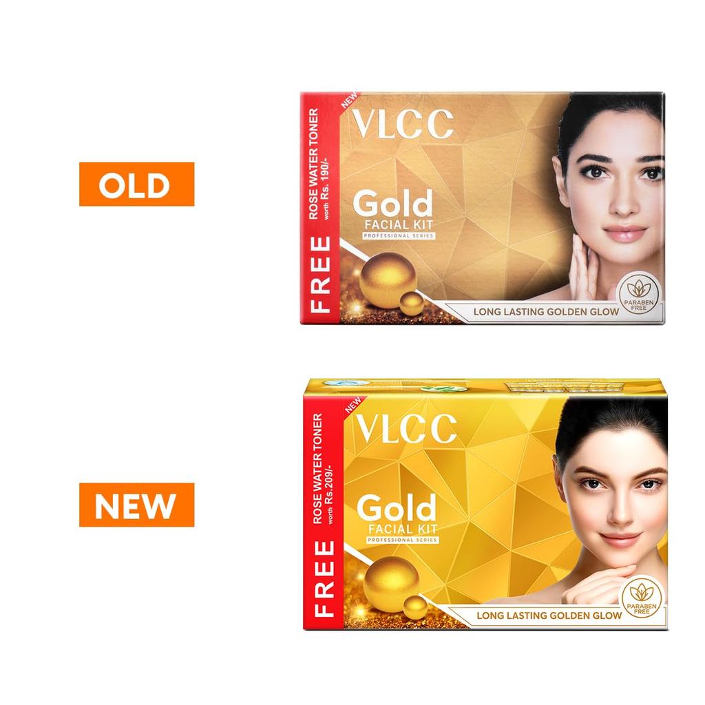 VLCC Gold Facial Kit with 24K Colloidal Gold & Aloe Vera 300g + 100ml FREE Rose Water Toner At Home Spa Glow Kit