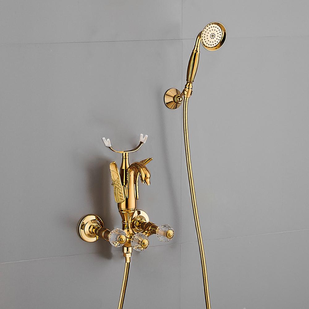 Set baterie pentru cadă și duș Tuqiu Baterie pentru cadă cu lebădă aurie montată pe perete, baie rece și fierbinte Baterie pentru baie și duș din alamă