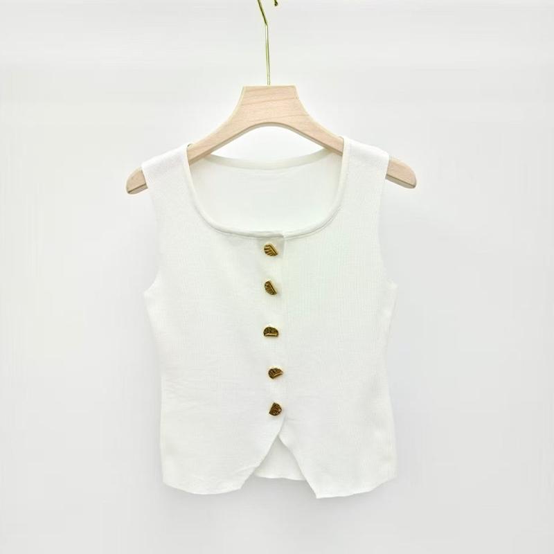 French Retro U-Neck Single-Breasted Sleeveless Slim Vest Solid Color Knitted Vest For Women