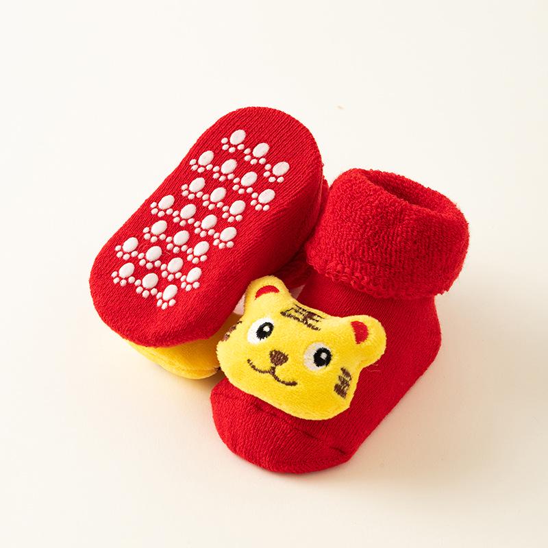 Newborn Red Non-slip Plush Socks for Autumn/Winter - Warm Terry Christmas Floor Socks for Babies and Toddlers.