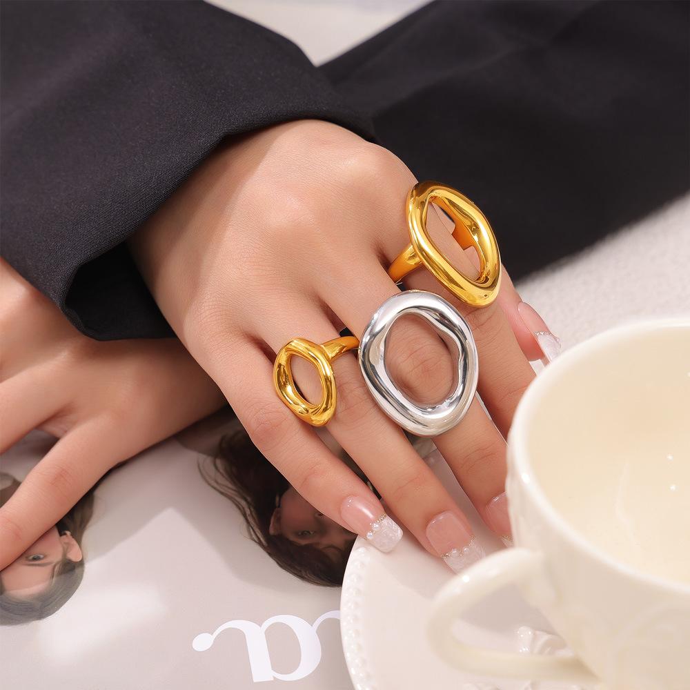316L Stainless Steel Gold Plated Big Ring for Women Oval Hollow Personality Ring Female Luxury Waterproof Zircon