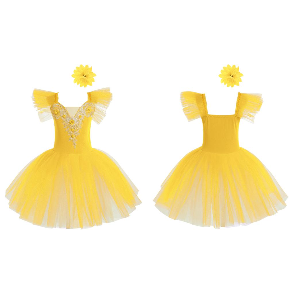 Girls Princess Tutu Dress with Flying Sleeves & Lace Flower Decor, Adjustable Spaghetti Straps, Mesh Skirt + Headdress for Dance Party