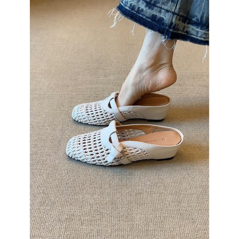 Sheepskin~ Baotou half slippers women's summer outer wear inner height-increasing hole shoes one pedal woven breathable cool single shoes