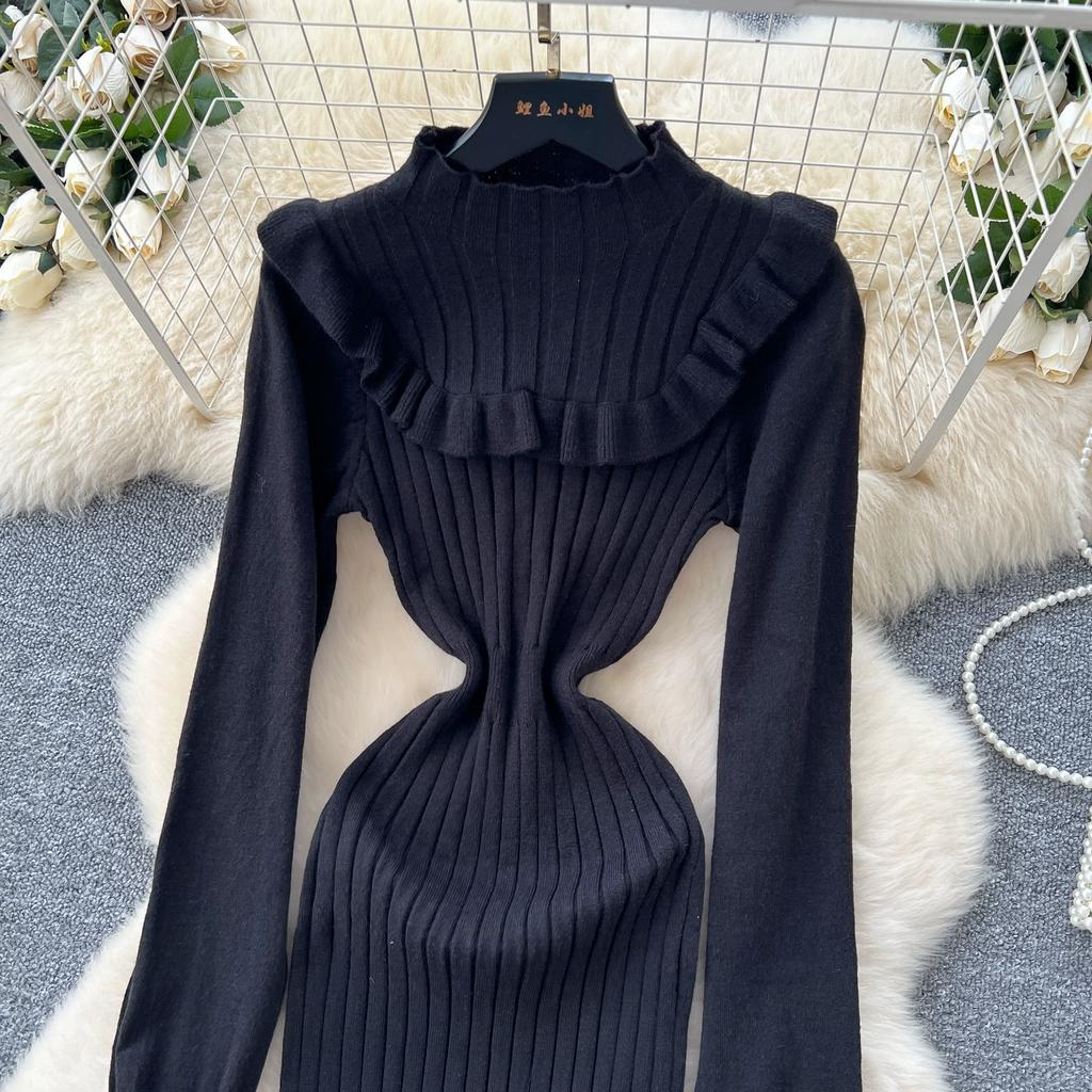 Autumn Spring Women Casual Stand Collar Full Sleeve Long Midi Knitted Sweater Pullover Dresses