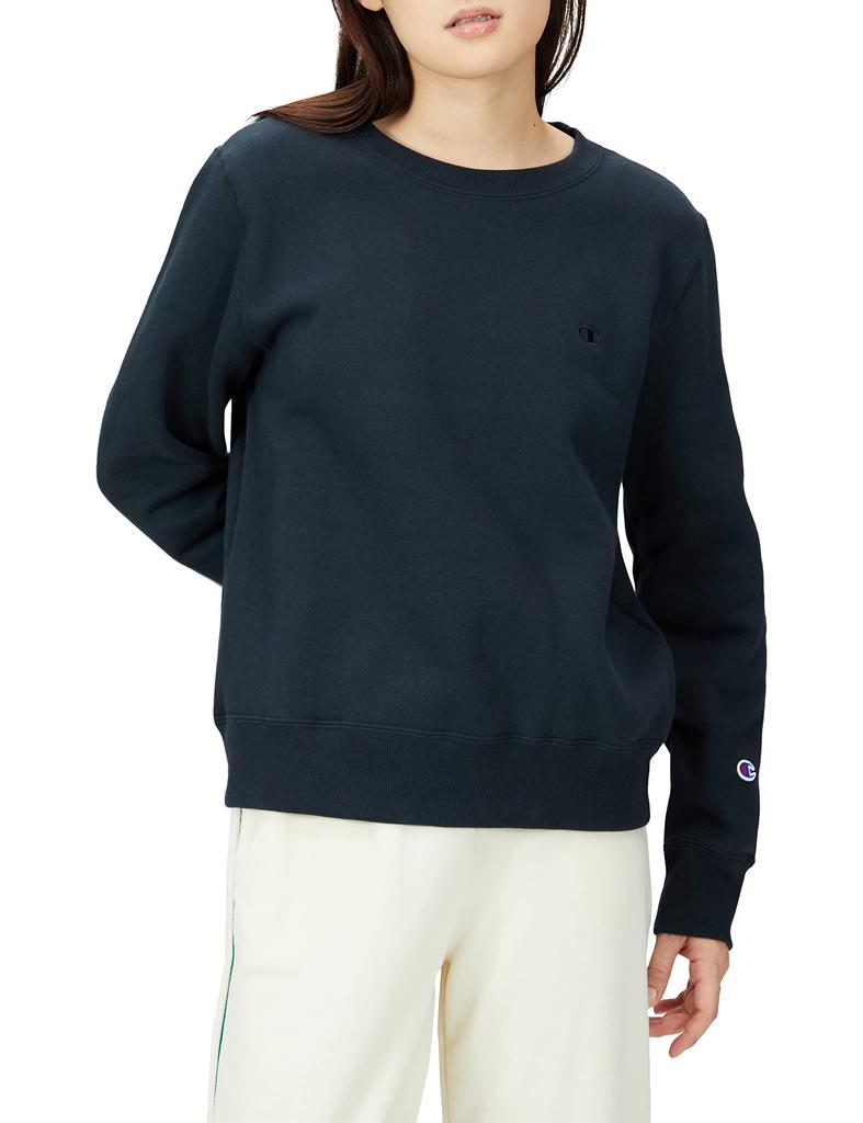 Champion Basic Long Sleeve Crew Neck Sweatshirt with Size M Women's One-Point Logo, Navy, (CWSW054Z)