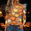 Women's Halloween Print Long Sleeve Neck Pullover T-Shirt for Fall