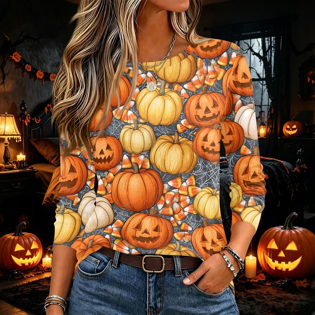 Women's Halloween Print Long Sleeve Neck Pullover T-Shirt for Fall