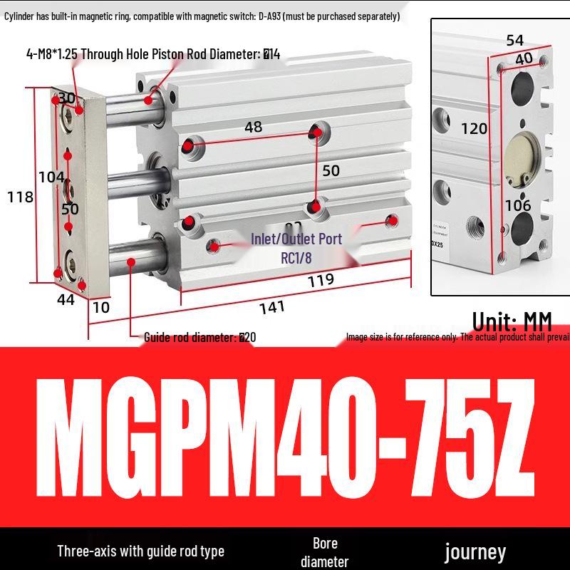 Compact Three-Axis Pneumatic Guided Rod Cylinder 12/16/20/25/32-10/20/40/50/75z