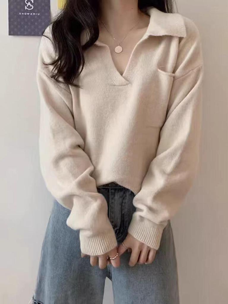 Women's Retro V-Neck Knitted Pullover Sweater - Soft Wool, Loose Fit, Autumn Style Jacket