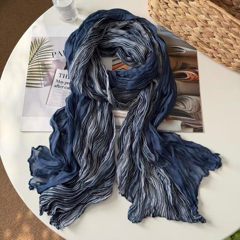 Lightweight Gradient Blue Scarf Women Vintage Floral Print Wrap Shawl Knitted Crochet Style 80x180cm Wear