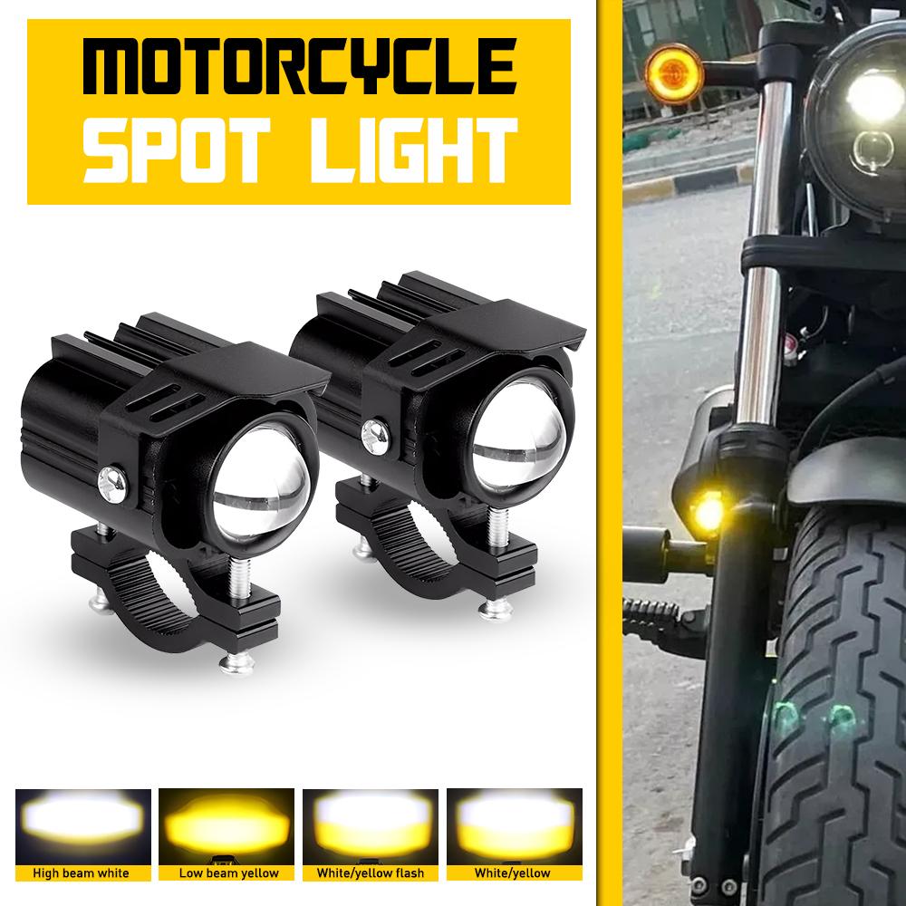2Pcs Motorcycle Spotlights LED Yellow White Four Mode Strobe 12V Motorcycle Lamp Universal Moto Headlight Spotlights Accessories White Yellow