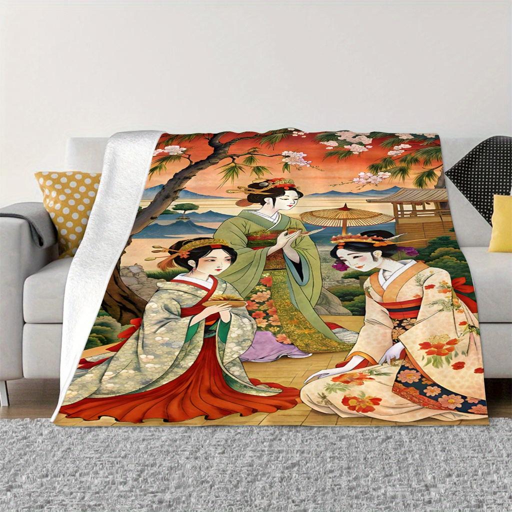 

Japanese Geisha Floral Landscape Print Flannel Blanket - All-Season Soft Polyester Throw for Sofa, Bed, Travel & Home Decor, Vibrant Digital 130x150cm