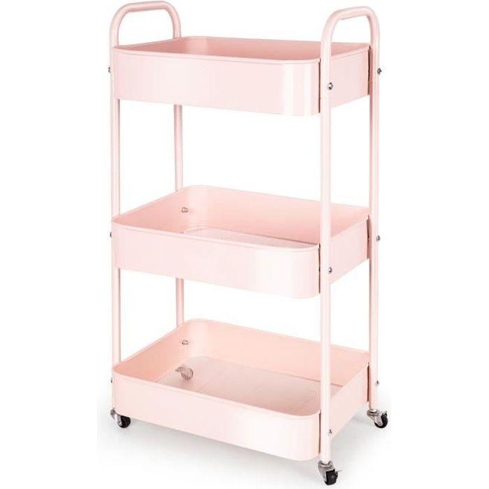 Chariot de rangement 3 niveaux rose, à roulettes et poignées, 41 × 30,5 × 76 cm — Cuisine / Buanderie